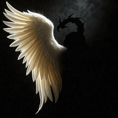 Primary subject: A white angel wing with a dragon head in the background.

Setting/background: The background features a dark, possibly nighttime, setting.

Visual style: The image is a digital art or illustration.

Colors and mood: The image has a predominantly black and white color scheme, with the white angel wing and the dark background creating a contrasting and dramatic effect.
